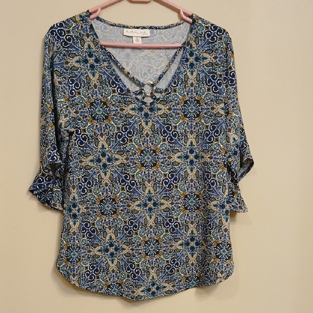 Emaline Blue Cream Printed V-Neck Blouse with Ring Accent